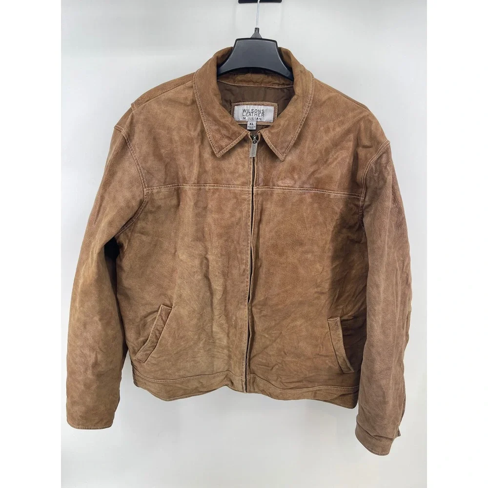 Wilsons Leather M Julian Mens XL Tan Suede Full Zip Bomber Jacket Brown Coat